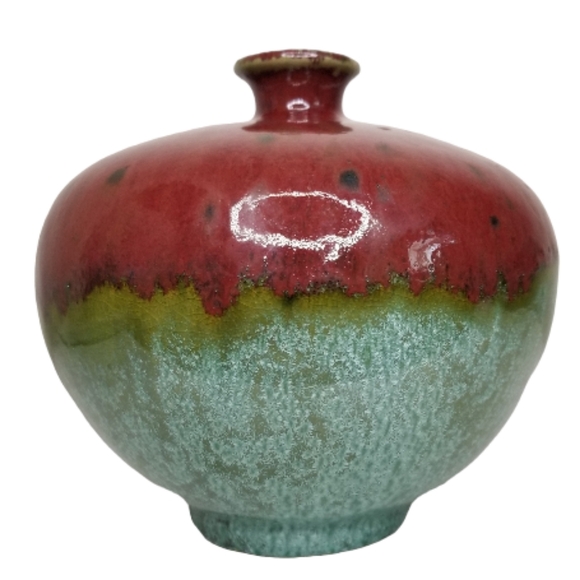 Stoneware Pottery Vase Drip Glaze on Multicolor Maroon Green Teal 6" - Picture 11 of 11